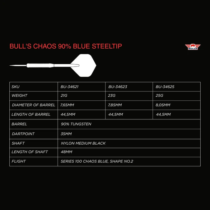 Bulls Chaos Blue 90% Tungsten Steel Tip Darts