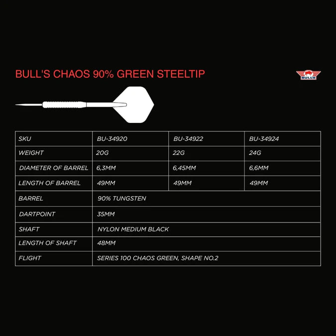 Bulls NL Chaos Green 90% Tungsten Steel Tip Darts