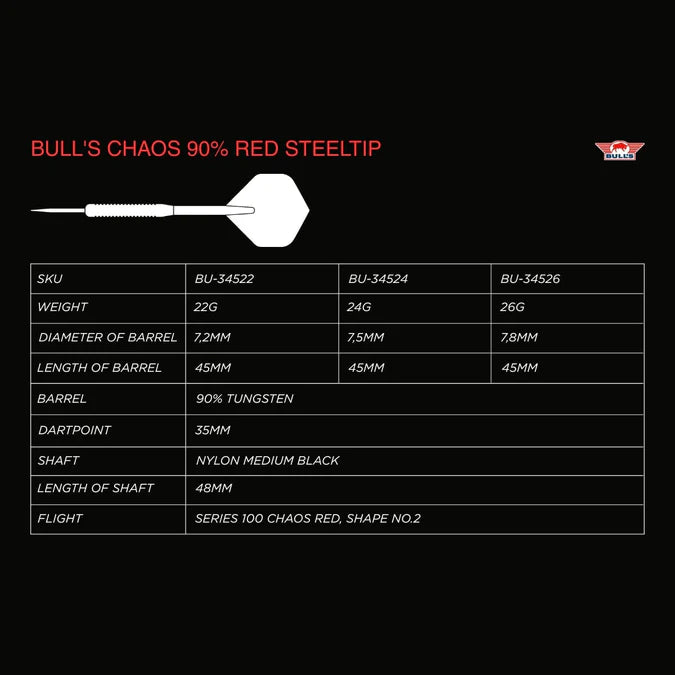Bulls NL Chaos Red 90% Tungsten Steel Tip Darts